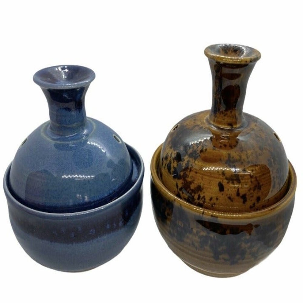 Art Pottery Signed Peter LOT 2 Brown Blue Oil Lamp Double Wick